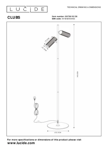 Lucide CLUBS - Lámpara de suelo - 2xGU10 - Negro - técnico